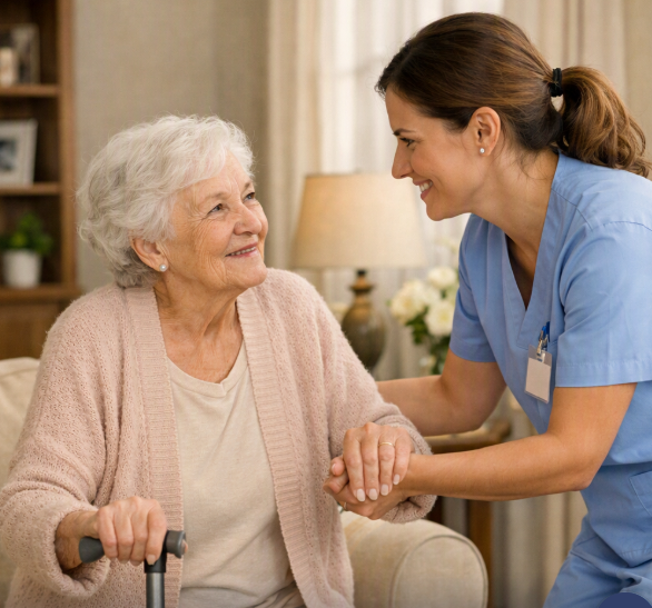 A support worker in scrubs holding the hands of an older woman seated at home