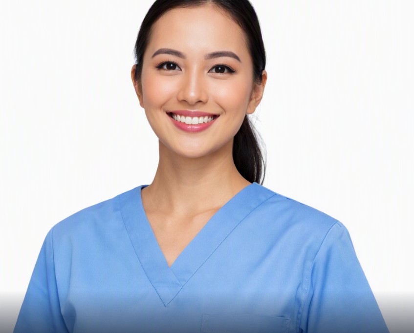 A smiling nurse in light blue scrubs